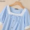 ZANZEA Women Lace Splice Square Collar Casual Short Sleeve Grid Print Blouse