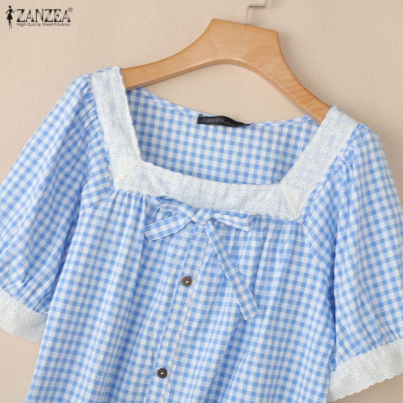 ZANZEA Women Lace Splice Square Collar Casual Short Sleeve Grid Print Blouse