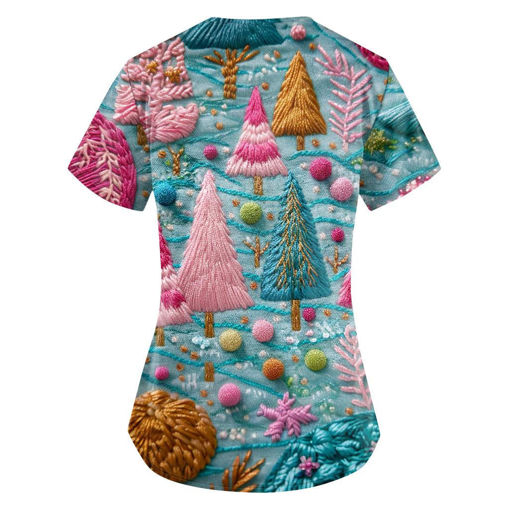 Women's Christmas Print Loose V-Neck Pocket Short-Sleeved Uniform