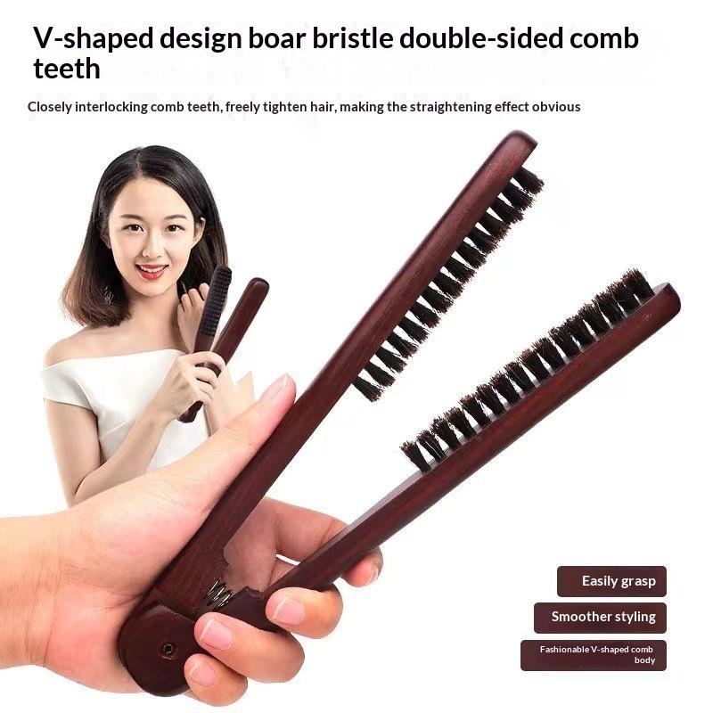 V-Shape Straightening Comb Paddle Brush Anti-Static Boar Bristle Hair Straightener Styling Tool For Smoothing Detangling