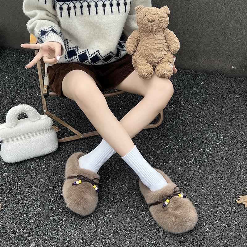 

Korean version thick-soled fluffy slippers women s outer wear 2025 autumn and winter new bag head cotton slippers fashion beaded slippers 40 хаки