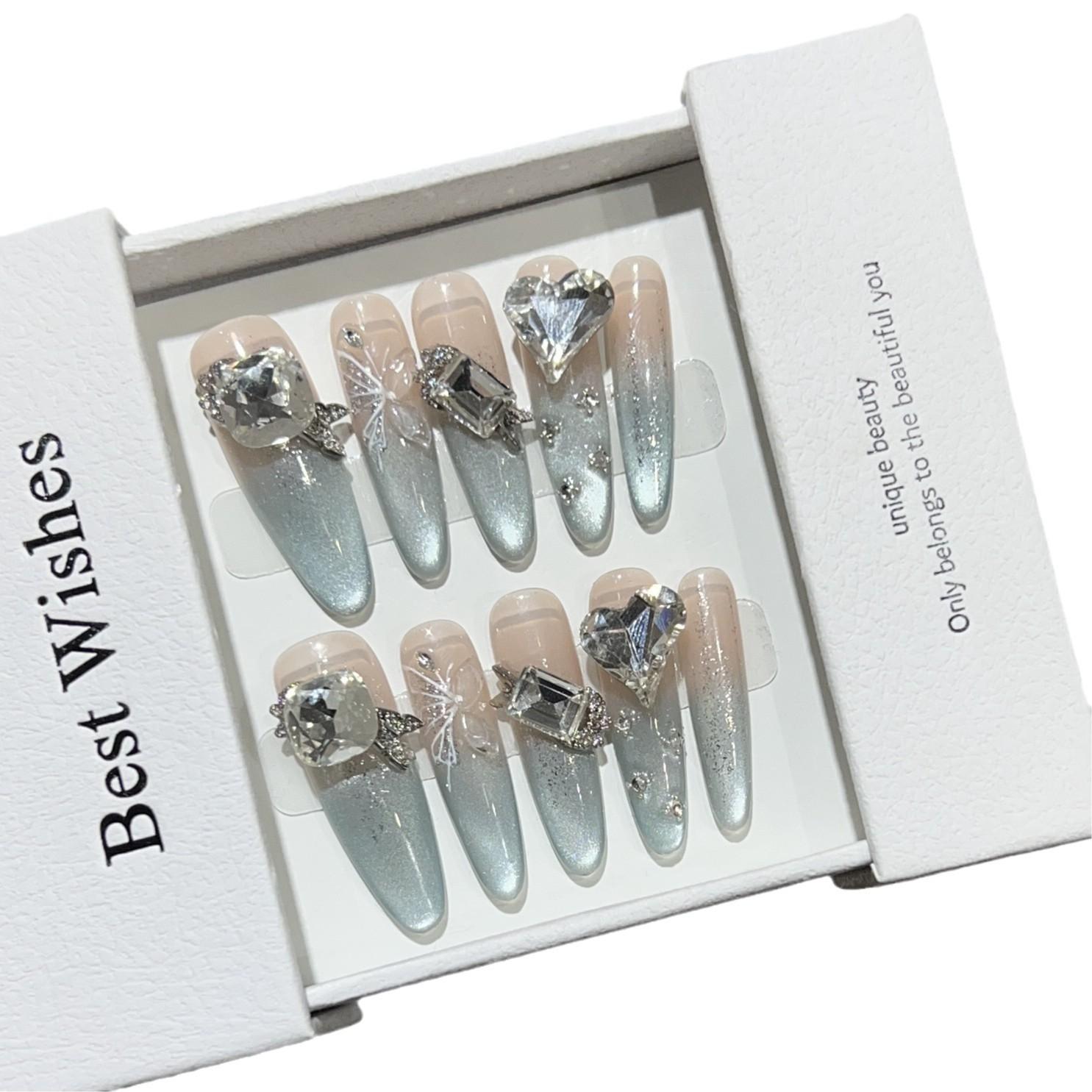 

Носить Броню Наклейки для Ногтей Ручной Работы Накладные Ногти Телесного Цвета Атмосферное Ощущение Кошачий Глаз Бабочка Нейл-Арт Флэш Бриллиант Съемная Ногтевая Пластина Large L