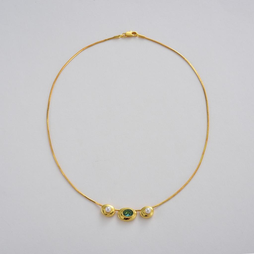 Premium Light Luxury Copper Plated 18K Real Gold Inlaid Emerald Pearl Pendant Collarbone Chain Personalized Fashion Simple Necklace