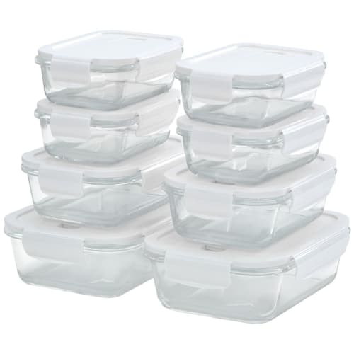 Bon Furniture 8-Piece Glass Storage Container Set, Airtight, Freezer-Resistant, Microwave, Oven, and Dishwasher Safe, with White Lids and 4-Point Lock