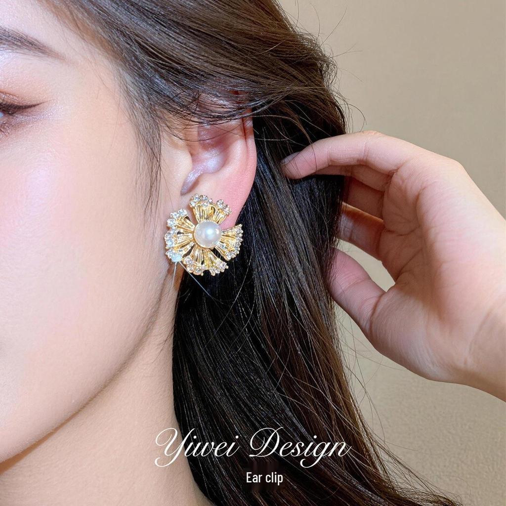 Gold-Plated Zircon Pearl Flower Clip-On Earrings – No Piercing Needed, Luxury Daily Wear