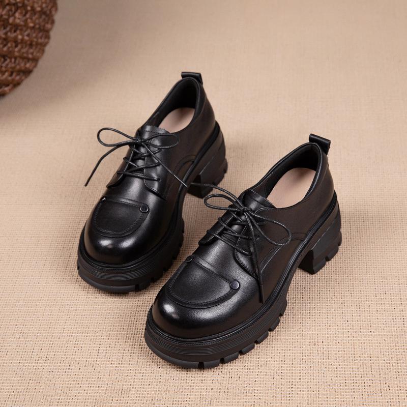 First layer cowhide loafers women's spring and autumn new leather foam muffin bottom lace-up thick-soled British style women's shoes