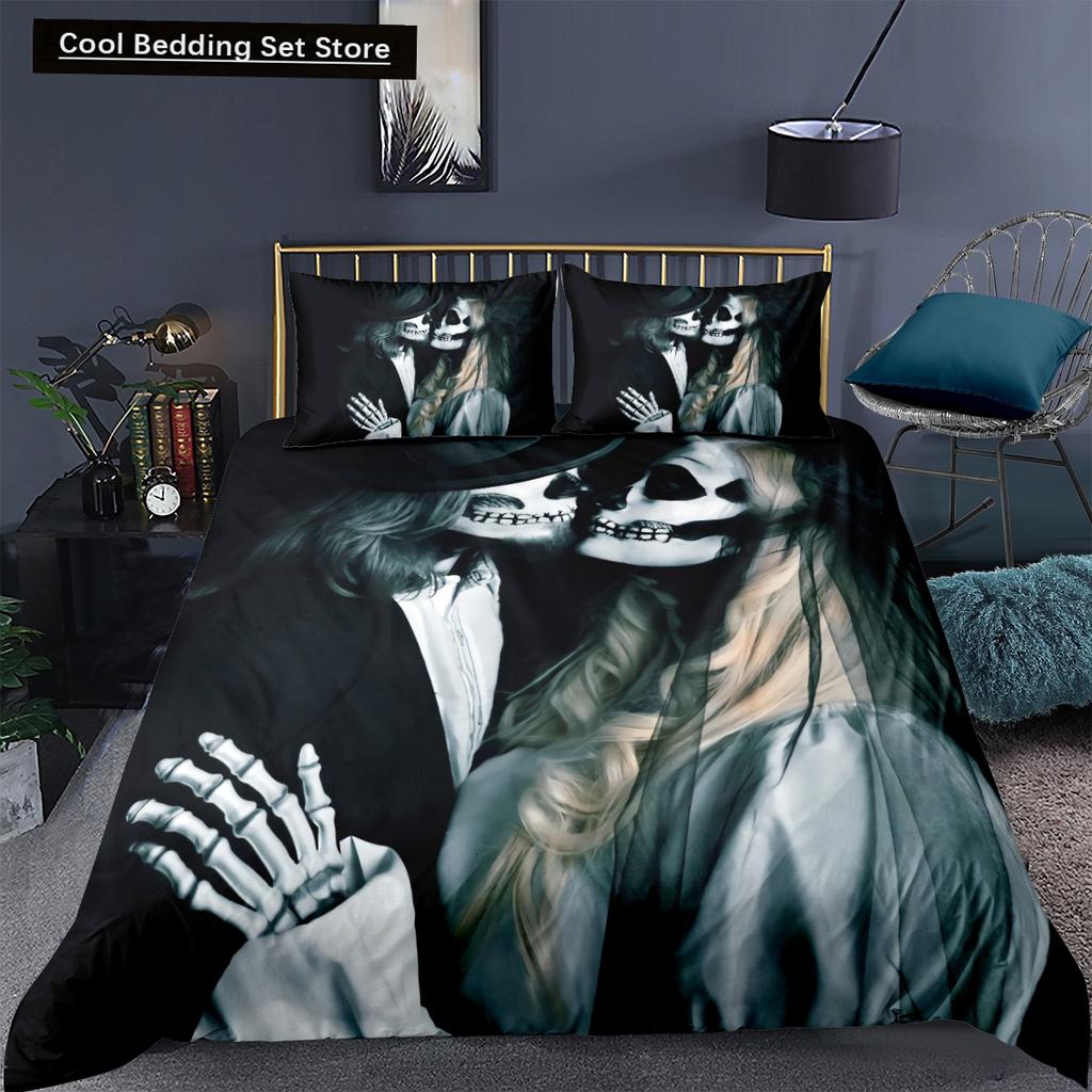 Skeleton King Queen Duvet Cover Skull Bedding Set for Kids Teens Adults Halloween Bedroom Decor Soft Comforter Cover Pillowcases