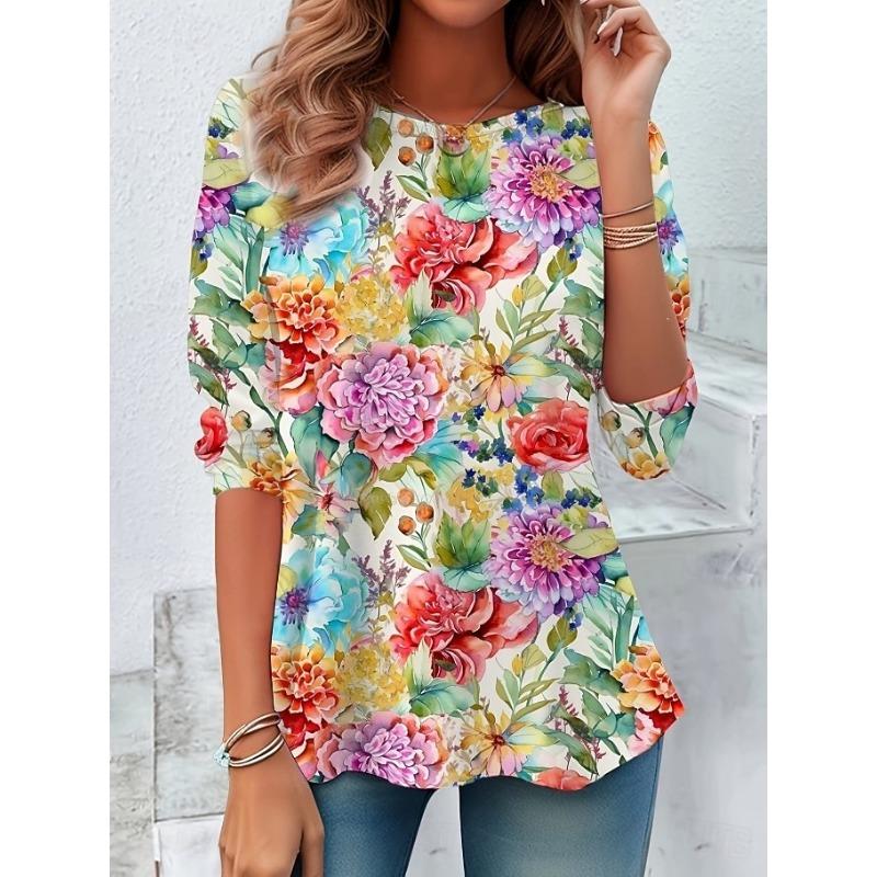 Women's T Shirt Print Floral Graphic Plants Stylish Classic Modern Long Sleeve Crew Neck Long Tops