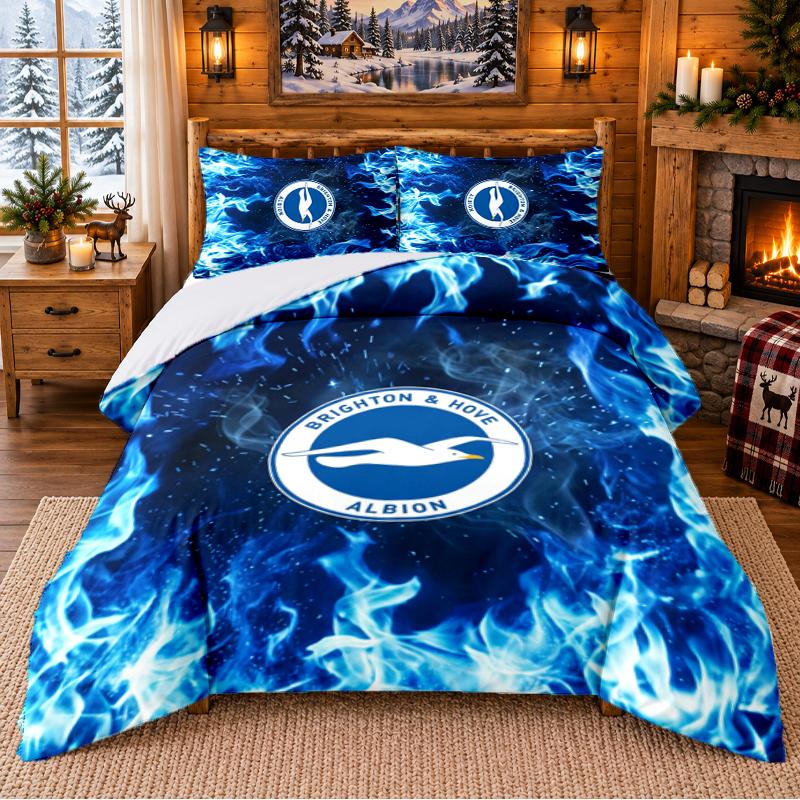 Printed 3Pcs Bedding Set Brighton & Hove Albion Football Pattern Bed Sheet Pillowcase For Bedroom Decor