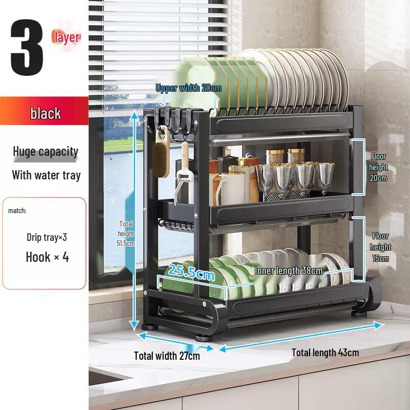 YouShu 3-Tier Matte Black Foldable Kitchen Countertop Storage & Dish Rack