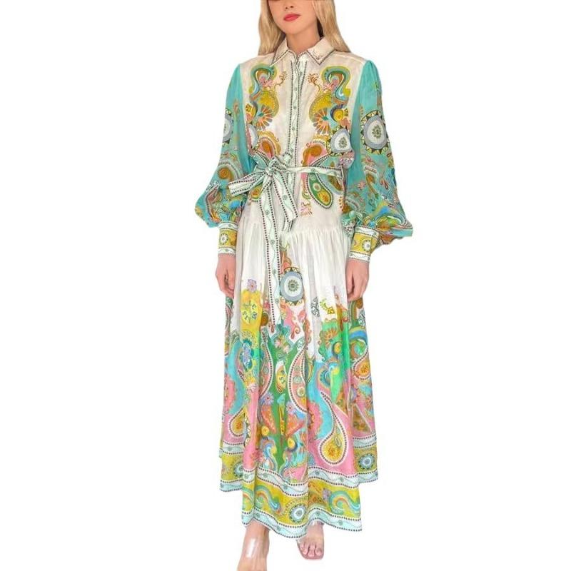 Stampa Moda Manica Lunga Manica a Palloncino Allacciato Vestito Vestito