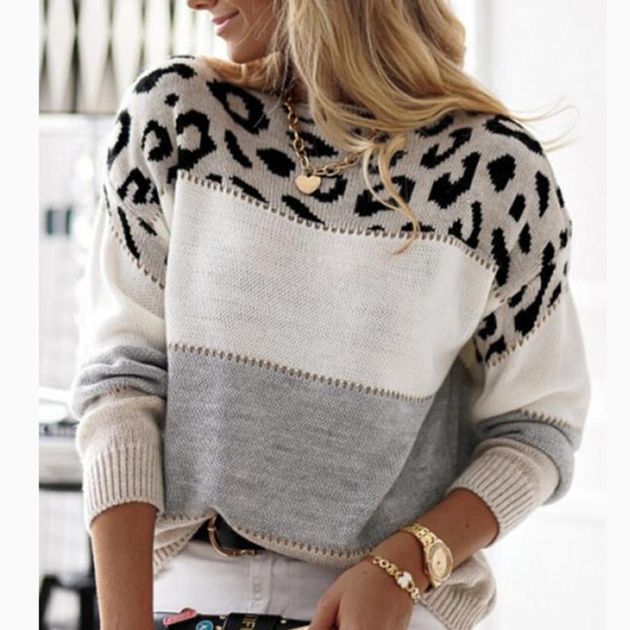 Animal Print Color Block Crewneck Casual Knit Sweater Women's Fall Winter New Arrivals Long Sleeve Base Layer