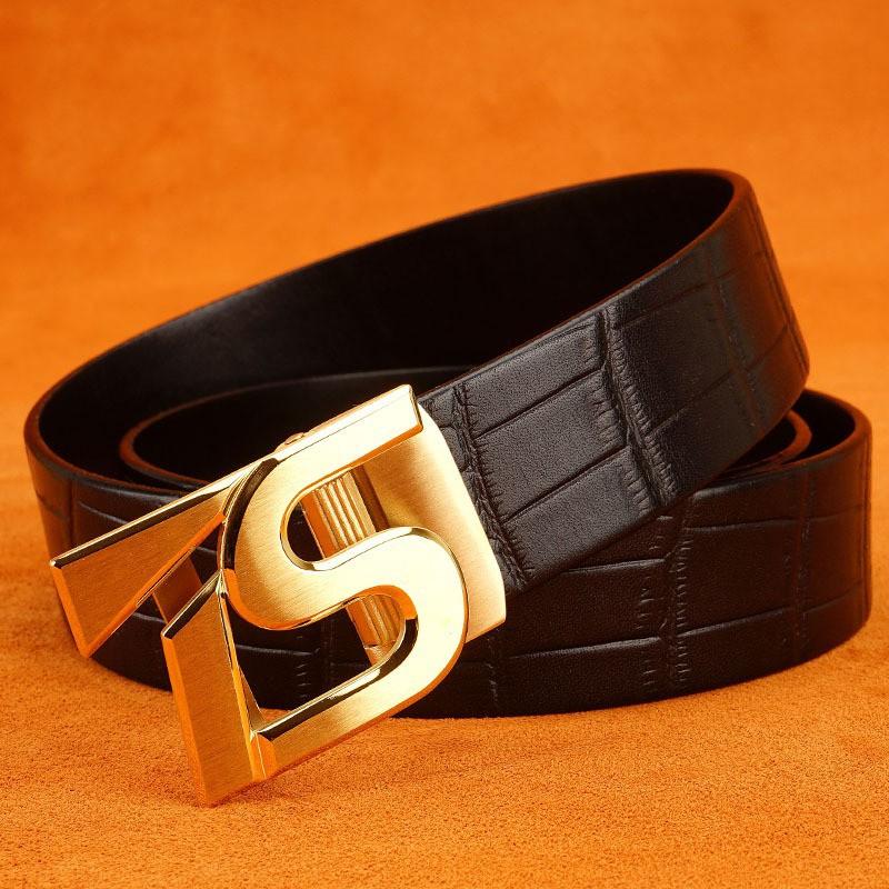 

TS Stainless Steel Button-top Layer Cowhide Alligator Pattern Men s Genuine Leather Belt Automatic Buckle Youth Formal Dress Business Pants 125cm