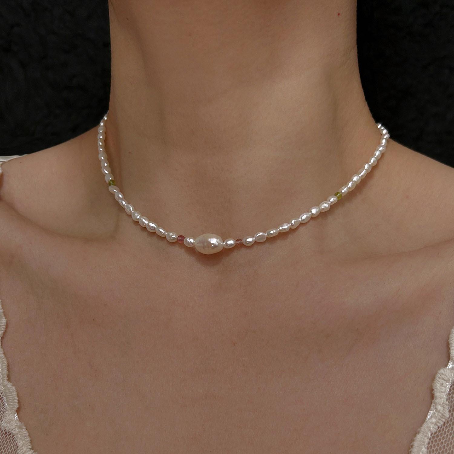 Маленькое Румяное Натуральное Пресноводное Жемчужное Ожерелье Сломанное Серебро Барокко Летнее Дофаминовое Бусины Цепочка на Ключицы Женская