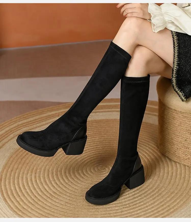 Women's Square Heel Ankle Boots Autumn Winter Chain Black Fashion Long Knee-high Boots Women Shoes Outdoor Slip-on Women's Boots