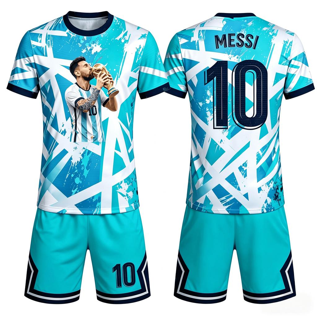 Vícebarevný graffiti design s postříkanou inkoustovou tématikou Messi, Velikost 10, Tištěný, Prodyšný, Unisex, Rodinná sladěná sada dresů pro děti