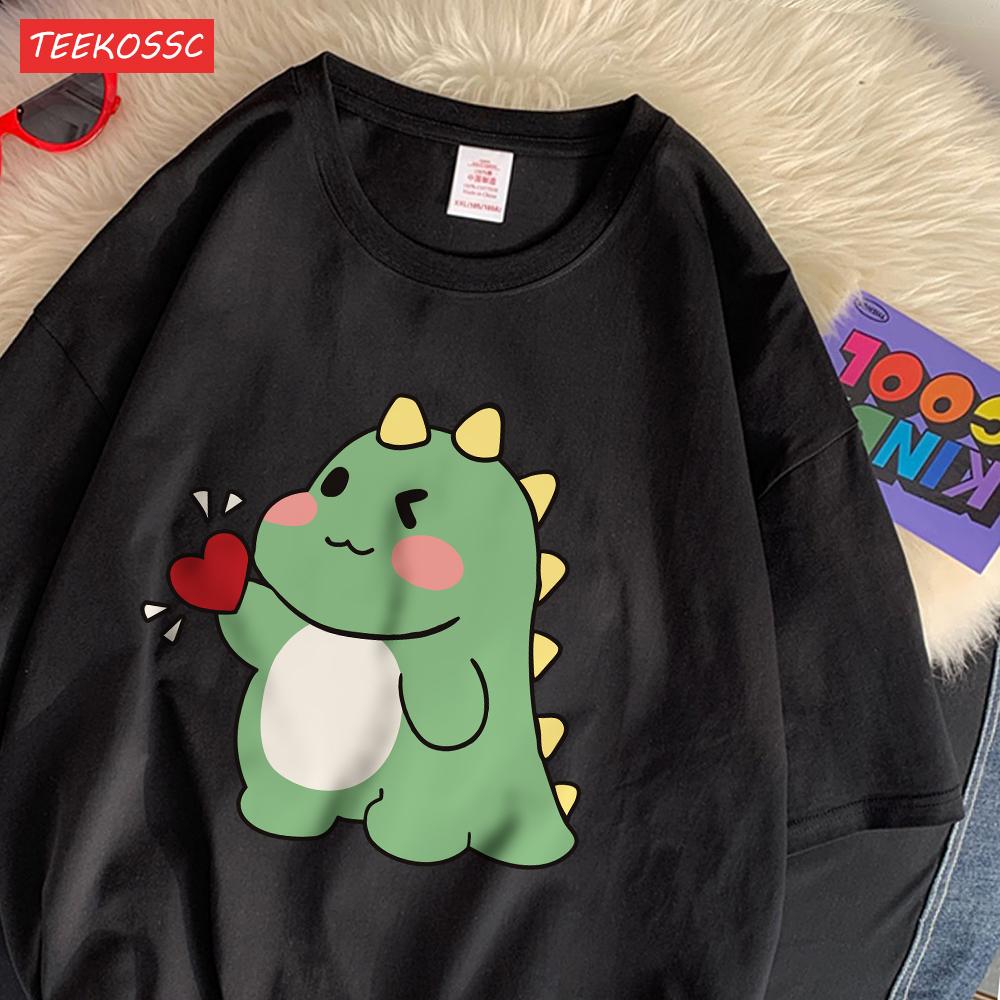 Trend Cotton WomenS TShirts Cute Little Dinosaur Confesses Love Printing Tee Shirts Soft Loose ONeck Summer Female Clothes