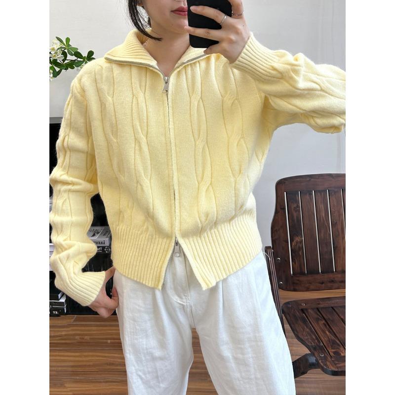 

Осень Зима Воротник-стойка Жареный Хворост Молния Вязаное Пальто Женский Повседневный Модный Кардиган Свитер Топ onesize жёлтый