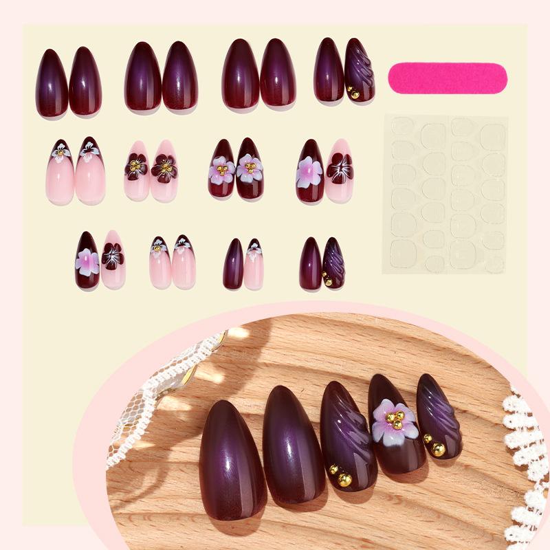 

Накладные ногти средней длины миндалевидной формы с дизайном, многоразовые, глянцевые, с полным покрытием, акриловые, клеевые, наклейки для ногтей для женщин