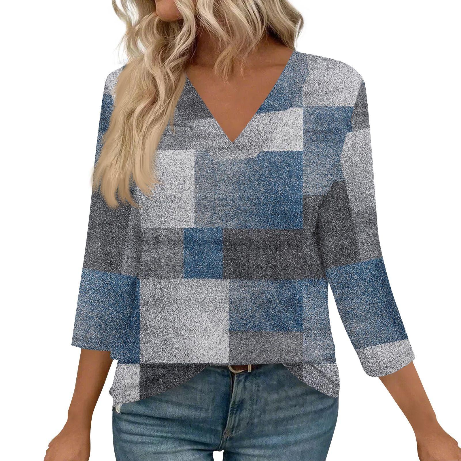 

Женские рубашки с рукавом 3/4, топы с принтом и V-образным вырезом, повседневные топы, базовые футболки, блузки, свободные топы XXL синий