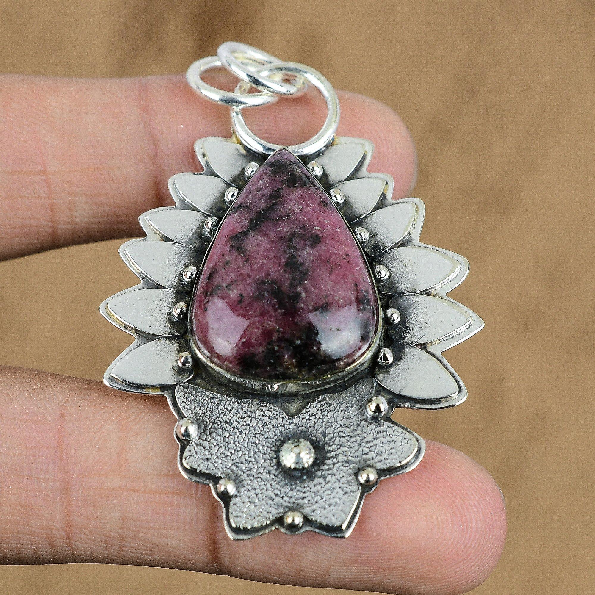 

Natural Rhodonite Gemstone Pendant 925 Sterling Silver Indian Jewelry For Women