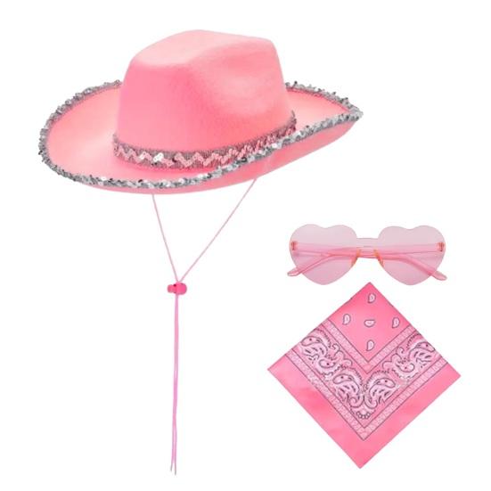 Hat Scarf Glasses Set Pink Series Felt Cowboy Hat with Feather Trim Pink Bandana Heart-Shaped Sunglasses Versatile Western Style Accessories