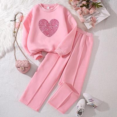 2025 Girls' European & American Spring Heart Sweatshirt and Pants Two-Piece Set