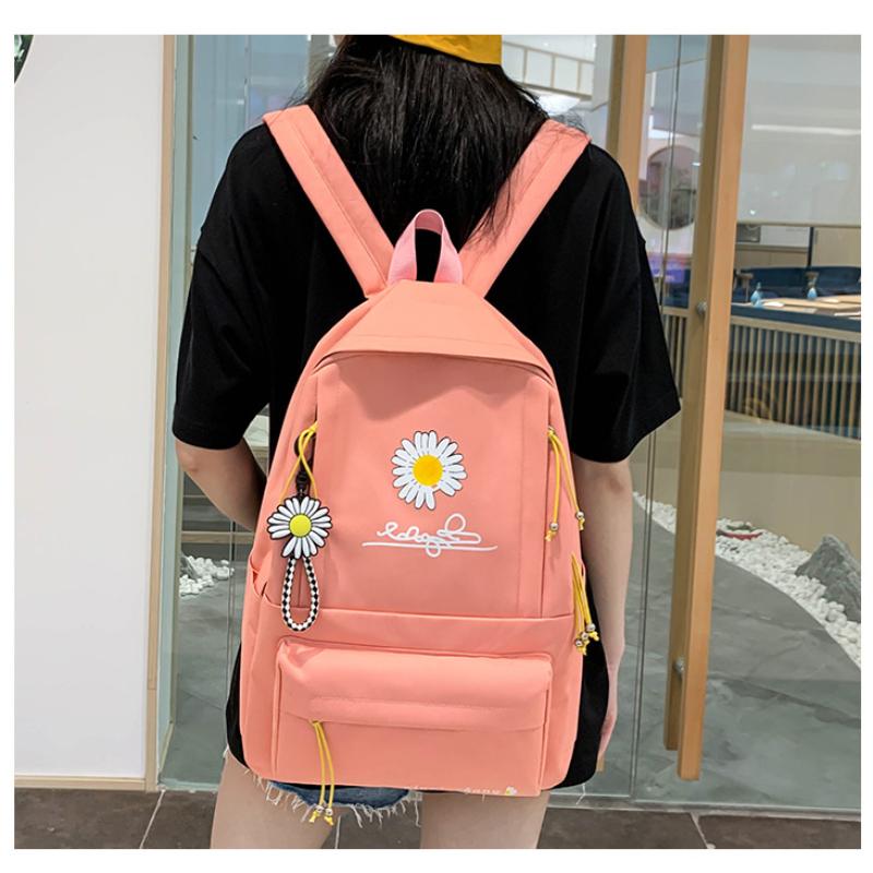 School Opening Must Have Small Daisy Printed Backpack Large Capacity Student Canvas Book Bag Korean Version Girl Four-piece Knapsack Set