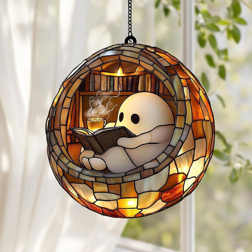 2D Acrylic Ghost Reading Book Suncatcher Hanging Decor For Indoors Outdoor Fall Parties Home Decoration Durable Unbreakable