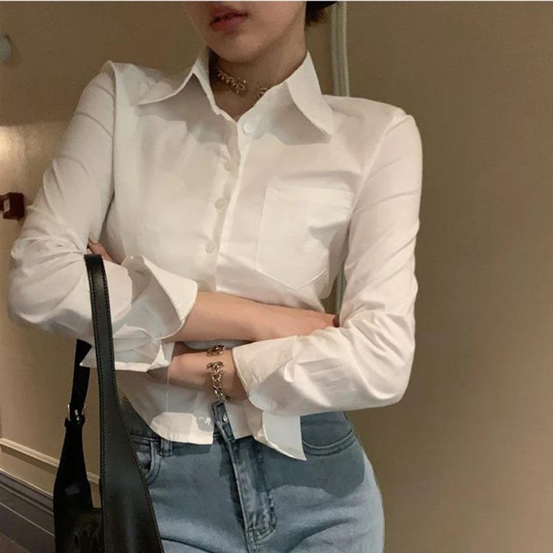 Koreansk Hvit Kontordame Chiffonskjorte Lomme Knapper Revers Damebluse Vår Pendler Langermet Ny Kvinne Crop Topper