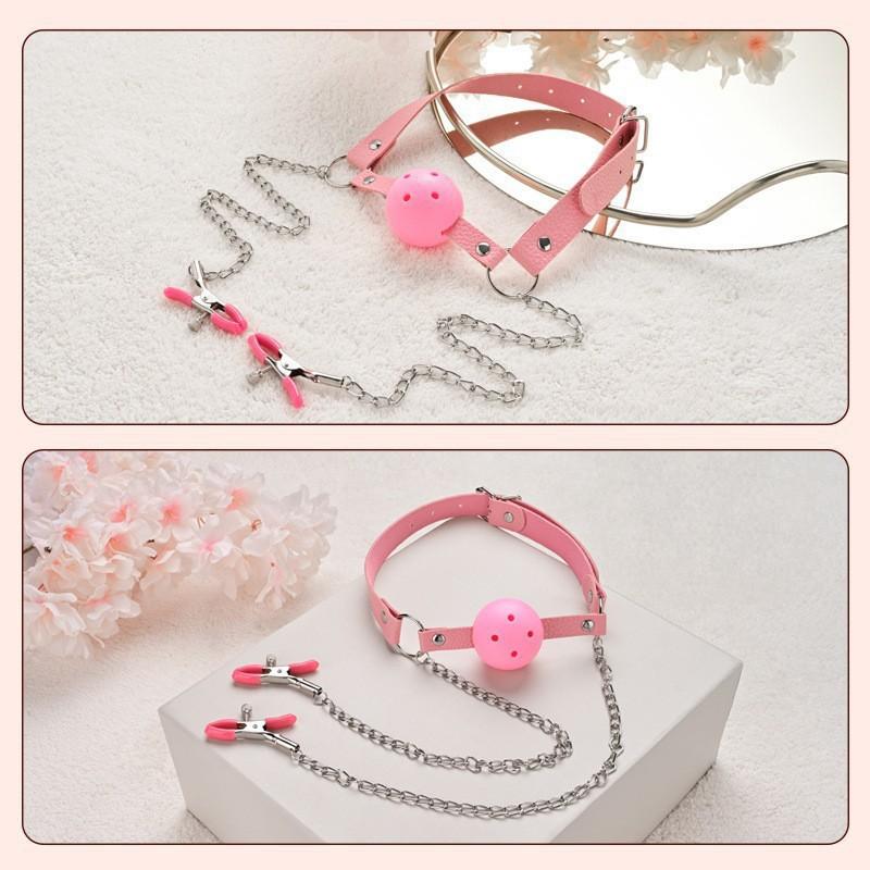 PU Leather Oral Sex Toy with Chain Clip Breast Nipple Clamps Bondage Harness Adult Game - Erotic Toy Mouth Gag Ball