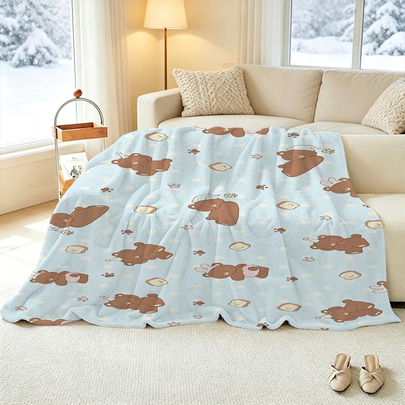 Soft Flannel Trimmed Blanket - Cute Bear Design, Warm & Skin-Friendly Cozy Throw for Home, Couch Naps, Christmas & Halloween