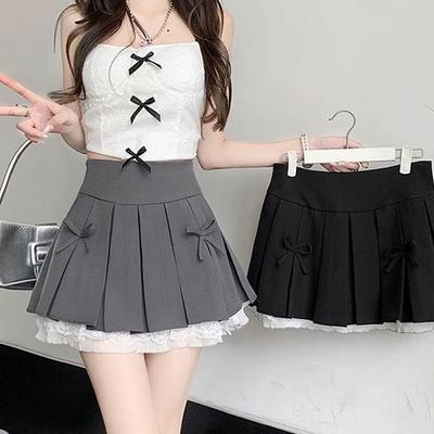 Mini Pleated Skirts Women Hot Girls Sweet Bow Vintage Y2k Clothes Streetwear Sexy Summer Autumn A-line Lace Splicing Goth Skirt