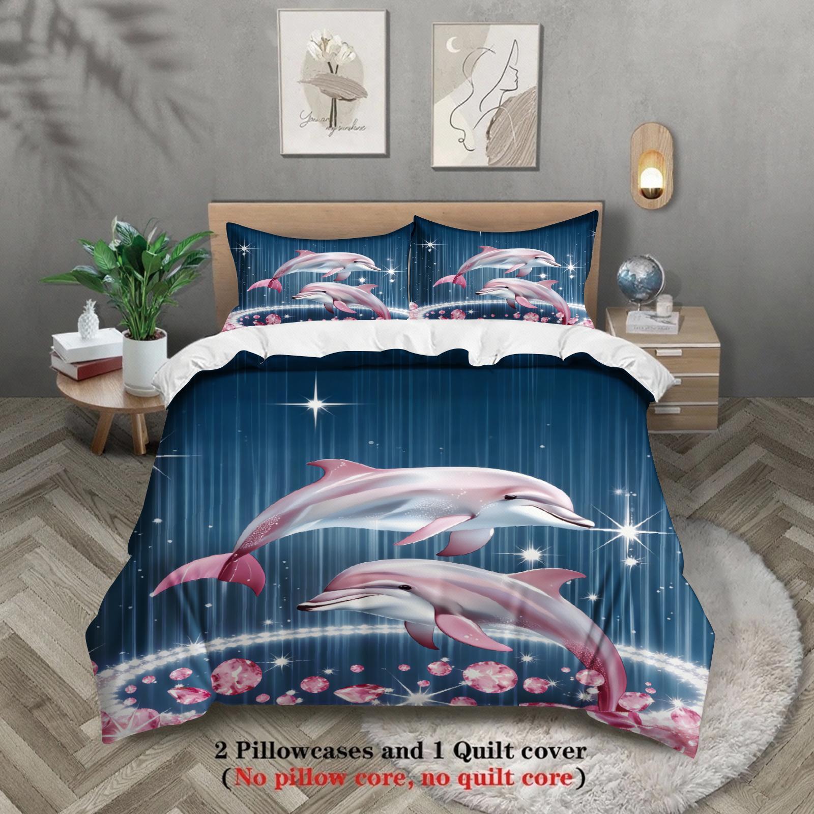 

Dolphin Print Bedding Set Blue Ocean With Sparkles And Pink Dolphins With Duvet Cover & Pillowcases For Bedroom Decor EU Twin(135x200cm)