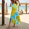 Damen Mode Rundhals Batikmuster Bedruckt Kurzarm Seitenschlitz Kleid Lässiges Urlaubs-Kleid Langes Lockeres Kleid