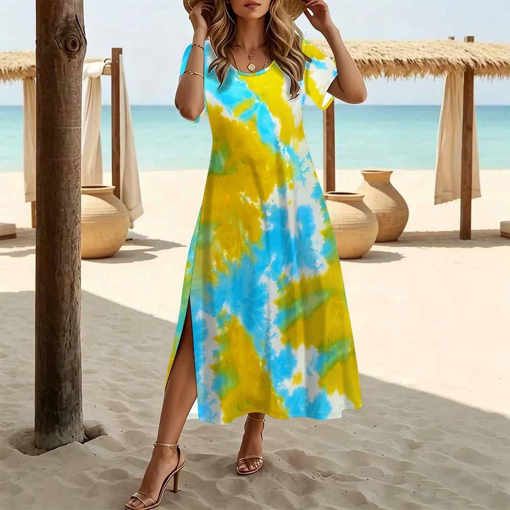 Damen Mode Rundhals Batikmuster Bedruckt Kurzarm Seitenschlitz Kleid Lässiges Urlaubs-Kleid Langes Lockeres Kleid