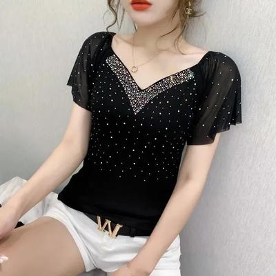 Damen Sommer Koreanische Kleidung T-Shirt V-Ausschnitt Diamanten Rüschenärmel Oberteile