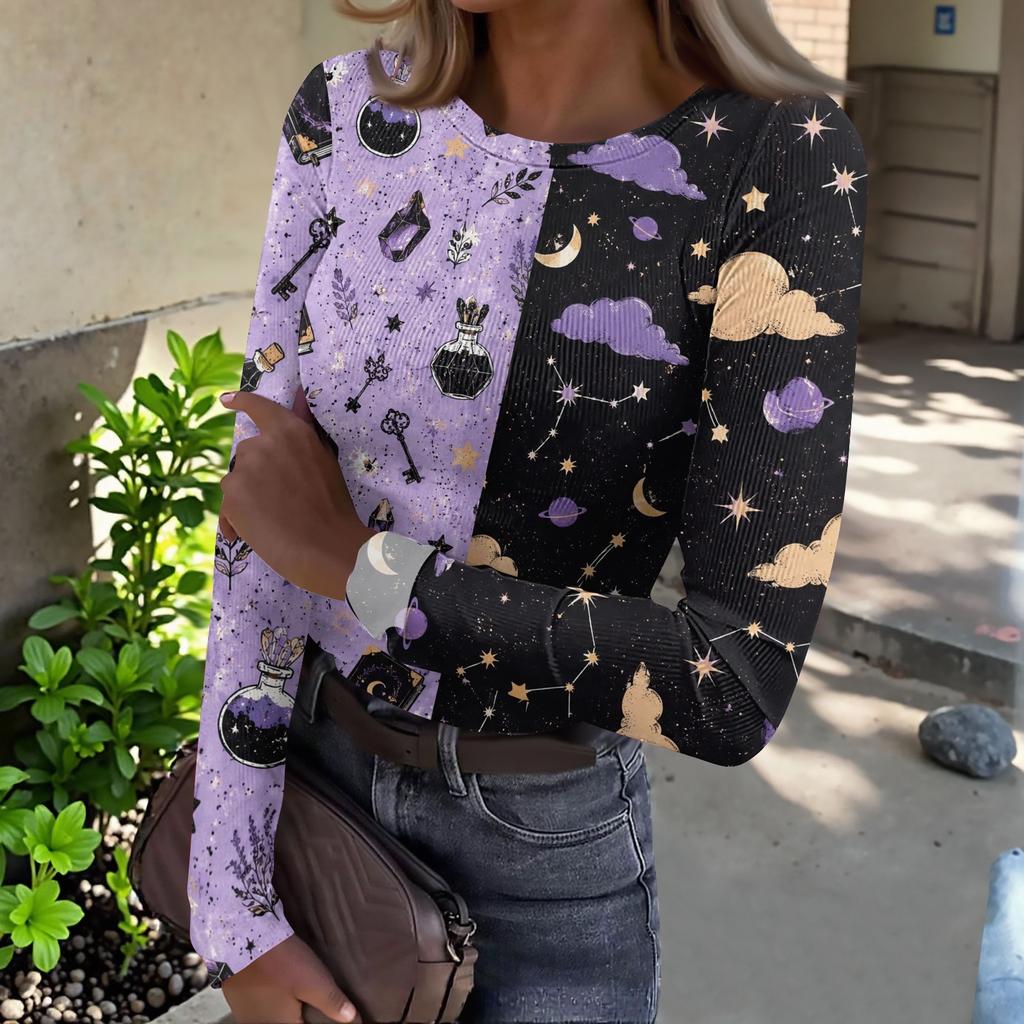 Women Halloween Print Long Sleeve Slim Fit Crew Neck Base Layer T Shirt Casual Stretchy Top for Everyday Wear