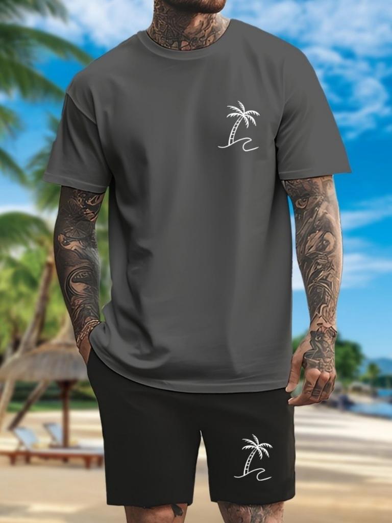 Sommer Neu Herren Kokospalme Farbverlauf Weich Atmungsaktiv Rundhals T-Shirt und Shorts Set Outdoor Urban Freizeit Zweiteiliges Set