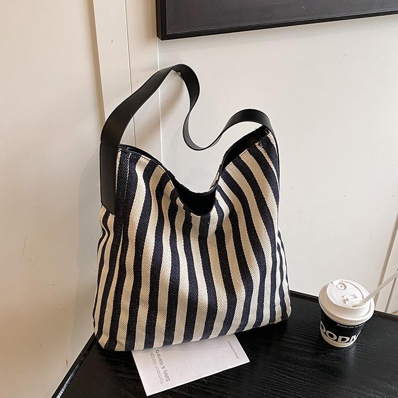 Versatile Casual Large-capacity Shoulder Women's Bag Retro Tote Handbag Small Fresh Striped Canvas Bag