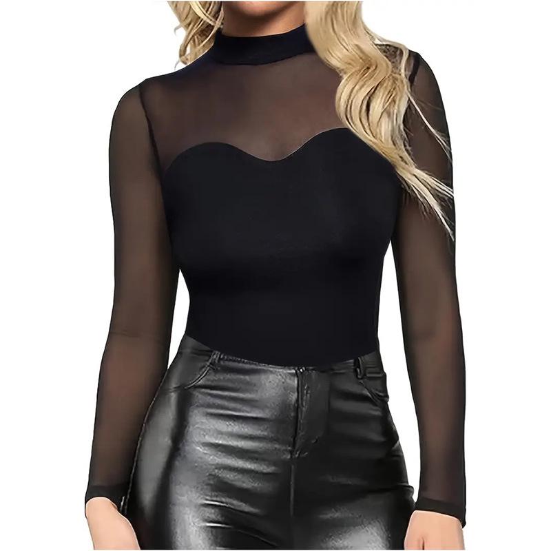 European & American Sheer Mesh Bodycon Turtleneck Bodysuit – Sexy Thin Long Sleeve Women's Base Layer