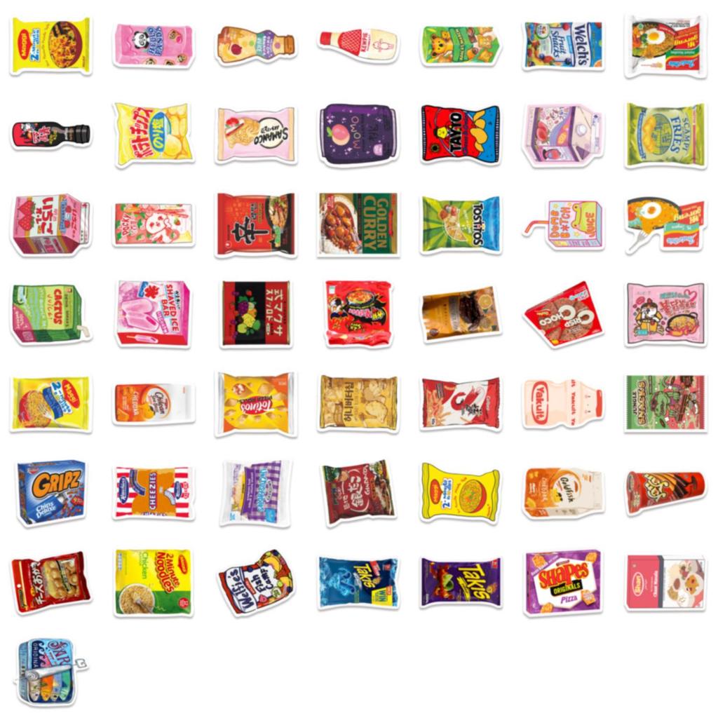 50 Wasserdichte Cartoon-Snack-Aufkleber für Journale, Notizbücher und Handyhüllen