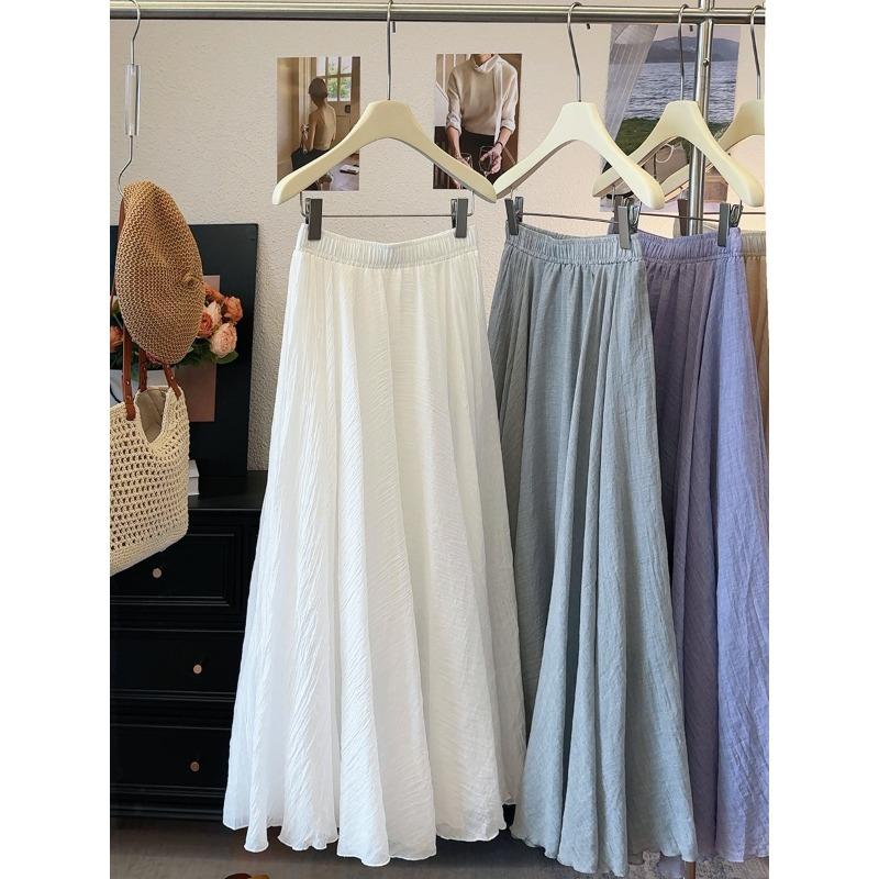 Japanese and Korean ice Tencel cotton and linen texture pleated skirt women's summer drooping sense casual pendulum A-shaped umbrella skirt long skirt