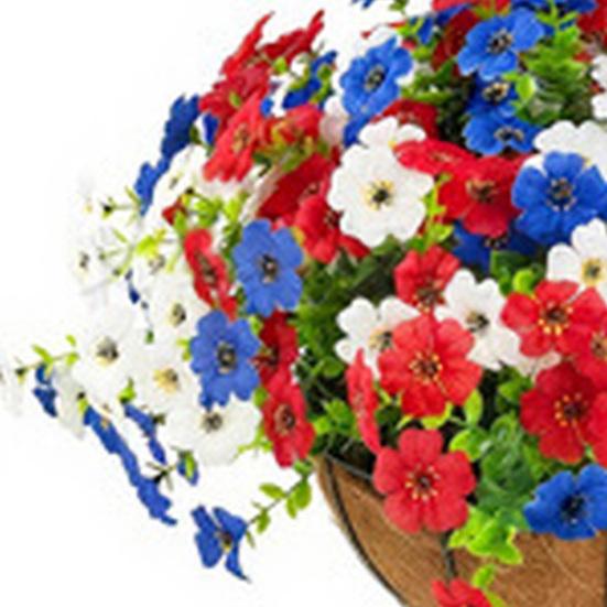 Artificial Outdoor Flower with Hanging Baskets, Red White Blue Fake Flower Planter, Patriotic Decor for 4th of July, Porch Garden