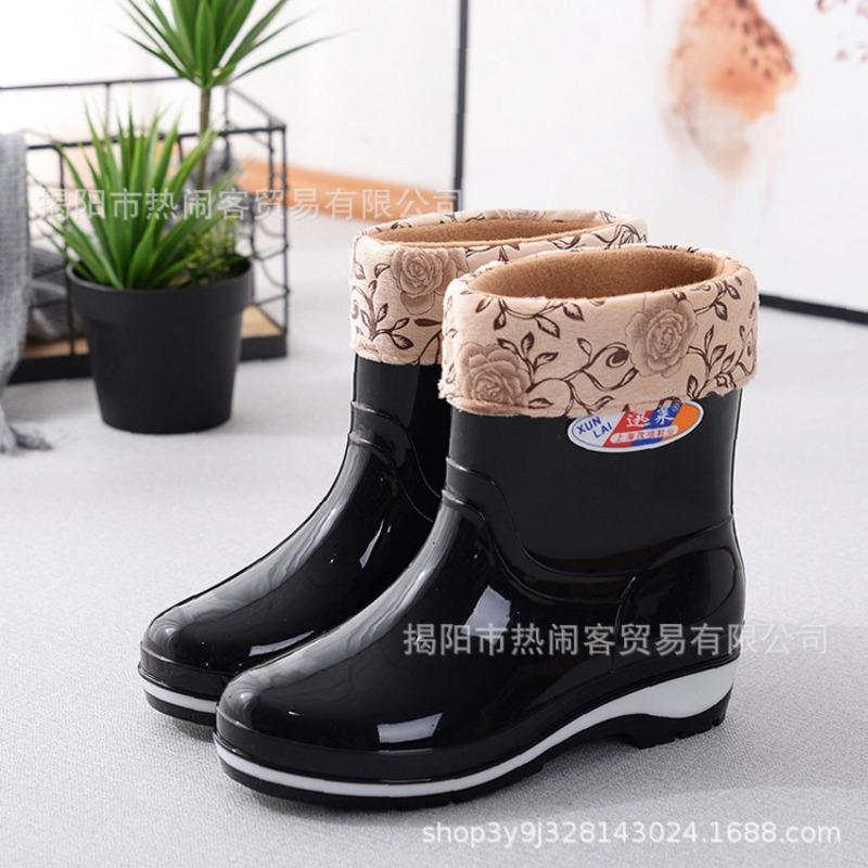 Fashion Medium Tube Rain Shoes Women's Canteen Water Shoes Non-slip Black Women's Rubber Shoes Adult Cotton Thermal Shoes