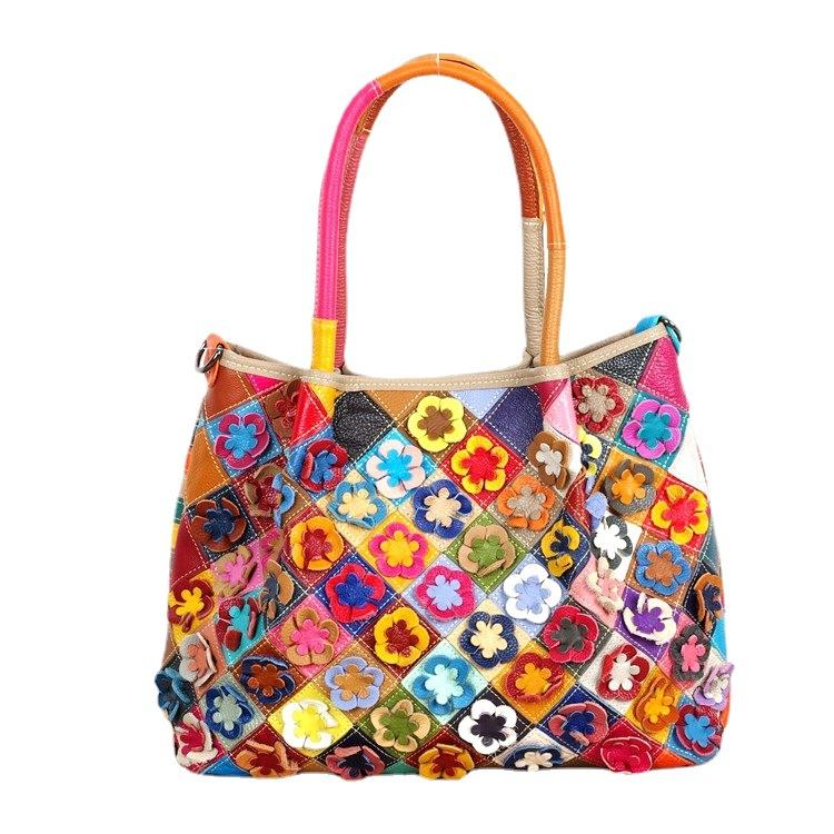 Bohemian Design Leather Bag Flower Contrasting Color Woven Casual Tote Shoulder Messenger Bag Women'S Bag