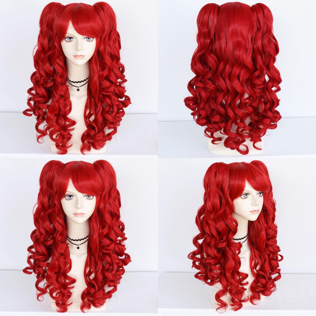 Lolita Cosplay Wig With Double Tiger Clips Red Long Curly Synthetic Hair For Anime Costumes