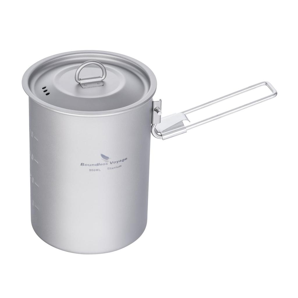 Boundless Voyage Titanium Cooker 900ml Suitable for Direct Folding Outdoor Camping Cooking with Storage Bag Mug, Flame, Lightweight, Compact, Handle,