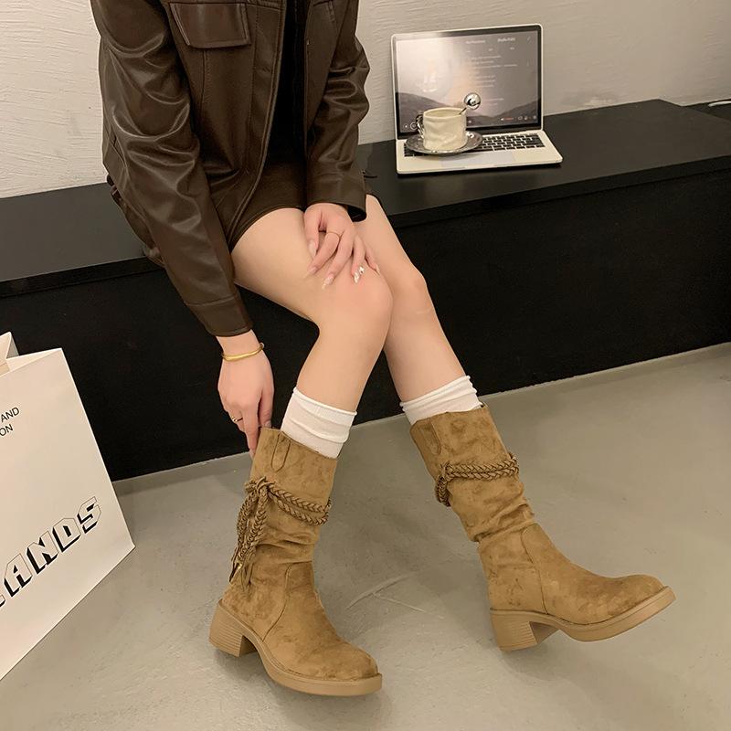 Internet Celebrities with the Same Thick Bottom Square and Retro Wasteland Fashion Boots Women's Autumn and Summer Thin Western Cowboy Long Tube Singl