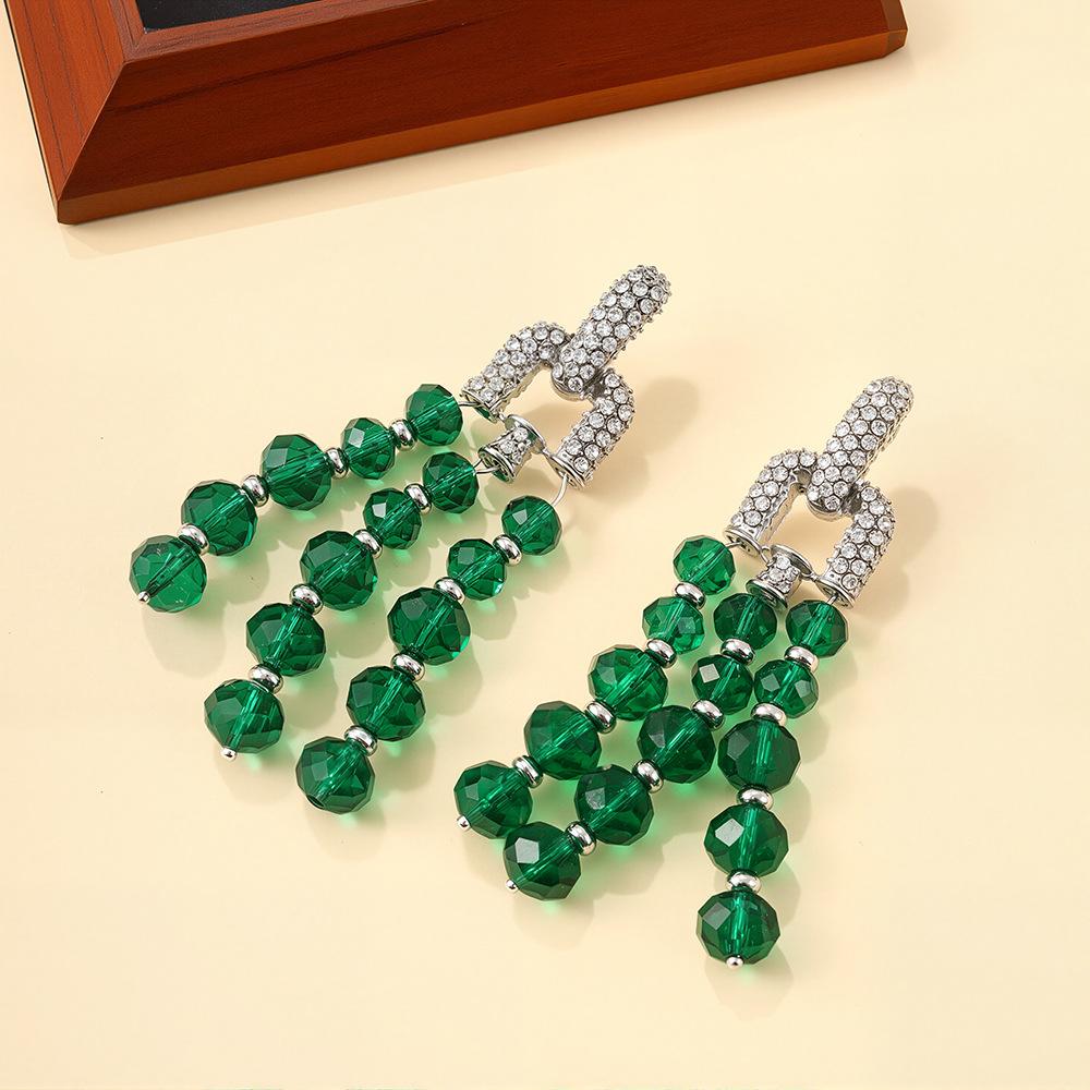 Flash Diamond Exaggerated High-End Retro Style Earrings, Green Crystal Beaded Tassel Long Light Luxury Earrings.
